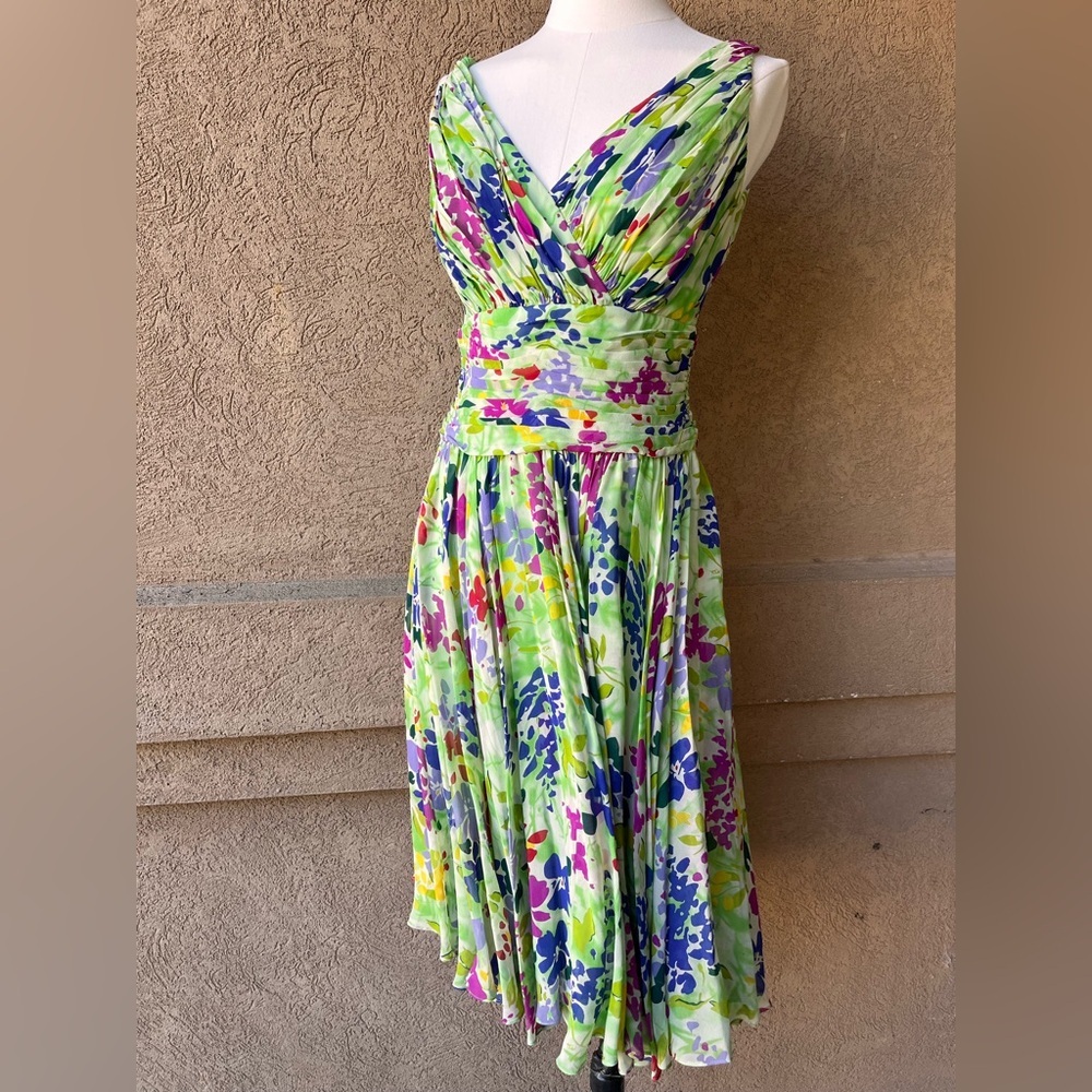Tadashi Vintage 1980s Shoji Green Floral Midi Dress